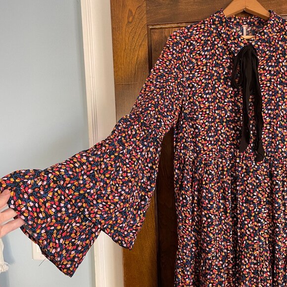 Free People Charlotte Tie-Front Geometric Print Maxi Dress Boho 70s Vibe Size M - Picture 4 of 7